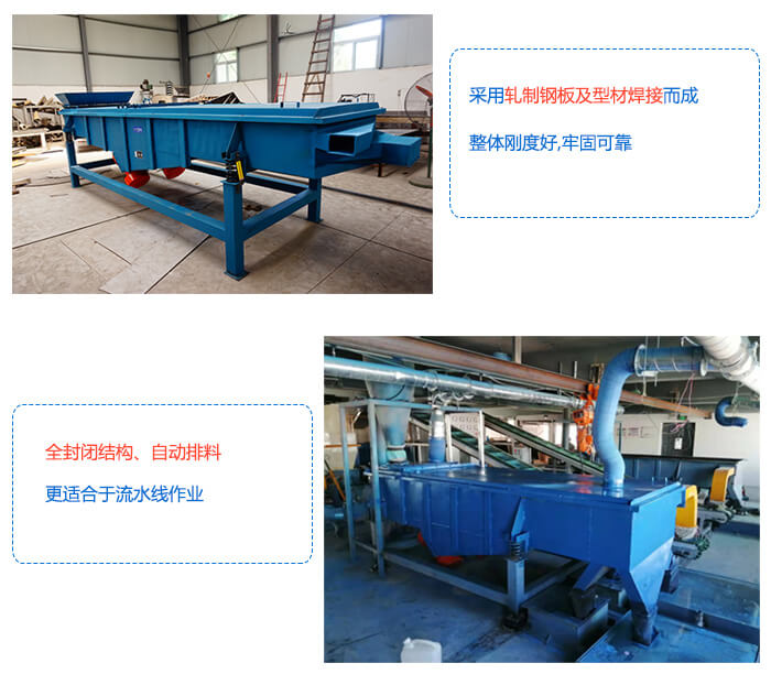 大型直線振動(dòng)篩采用軋制鋼板整體剛度好,全封閉結(jié)構(gòu),自動(dòng)排料。