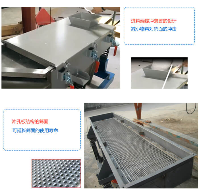 大型直線振動(dòng)篩進(jìn)料端有緩沖裝置減少物料對篩面的沖擊