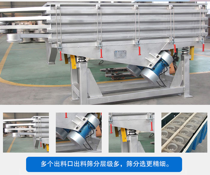 多層直線振動(dòng)篩結(jié)構(gòu)優(yōu)勢:出料口多層選擇,振動(dòng)電機(jī),震動(dòng)彈簧減輕振動(dòng)體的磨損,彈跳球和擋球環(huán)。