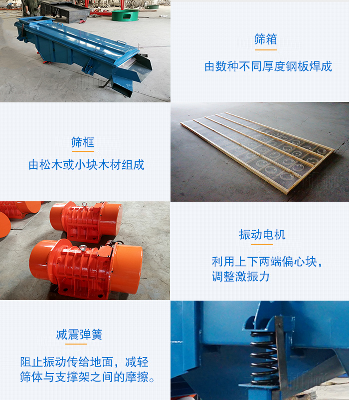 小型直線篩篩箱,篩框,振動(dòng)電機(jī),彈簧等部件圖片展示